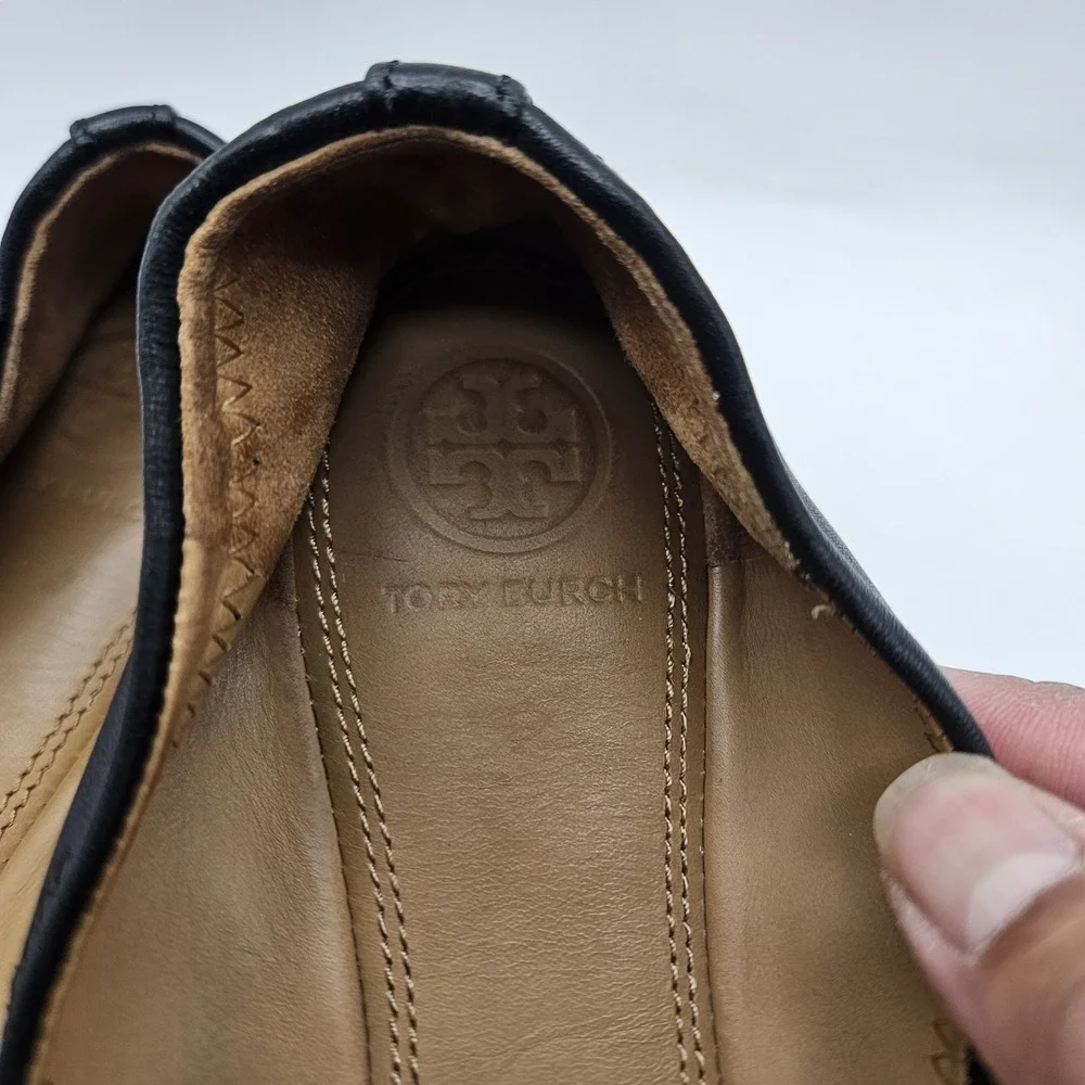 Tory Burch Liana Black Leather Ballet Flats Logo Quiet Luxury Old Money Sz 8.5M